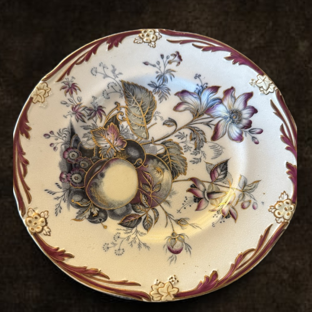CIRCA 1857 Brownfield Antique Floral Plate with Burgundy and Cream Accents
